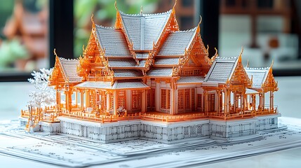 isolated white background of a beautiful Thai house model on blueprint paper, soft light effect, vivid bright colors, realistic image 
