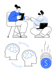 Two colleagues discussing with a tablet and laptop, connected brains, and coins depicting growth. Ideal for teamwork, collaboration, brainstorming, business, idea exchange, financial growth
