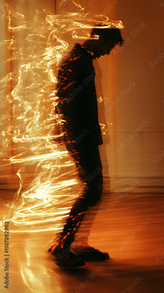 Poster A person is captured in motion, surrounded by swirling light effects, creating a dynamic visual.