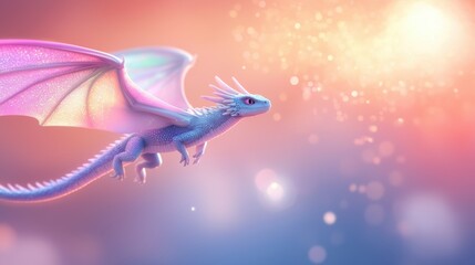 Obraz premium Mythical Dragons A majestic dragon with iridescent scales, soaring through a cloudy sky, with rainbow colored light reflecting off its wings, creating a magical and awe inspiring scene.