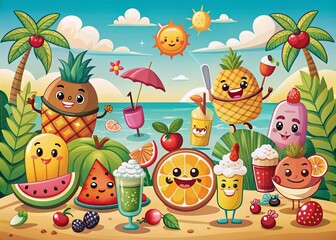 Fototapeta premium Retro Cartoon Collection of Cheerful Summer Foods, Drinks, and Fruits Featuring Playful Characters with Ample Copy Space for Fun Design Ideas
