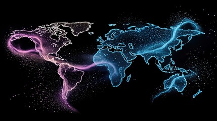Technology and Data Visualization Data streams flowing across a world map, visualized as colorful ribbons and particles, representing global data flow, big data analysis, and information exchange.