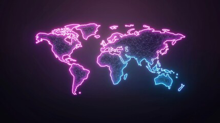 Futuristic Maps Holographic world map floating in a dark space, with glowing neon outlines and dynamic data visualizations, representing the future of global connectivity and innovation.