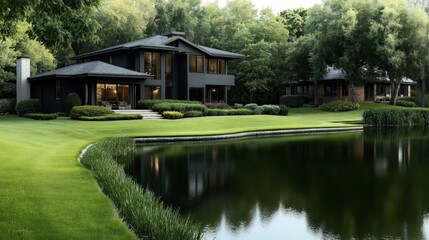 Obraz premium Modern two-story house with large windows next to a serene pond, surrounded by lush greenery and well-maintained landscaping in a natural setting.