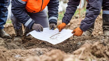 A team of engineers consulting blueprints and conducting soil tests to determine the best location for a water retention structure on a construction site.