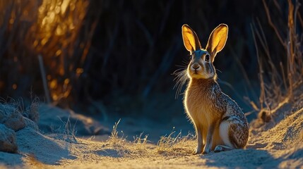 Desert Cottontail Rabbit Basking In Golden Sunset Light