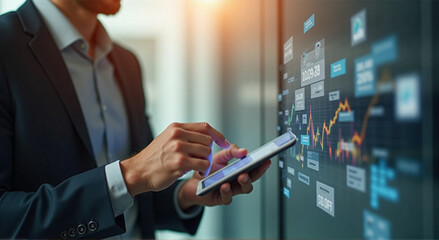 businessman holding digital tablet with world map