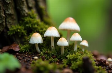 A collection of various mushrooms emerging from a tree trunk