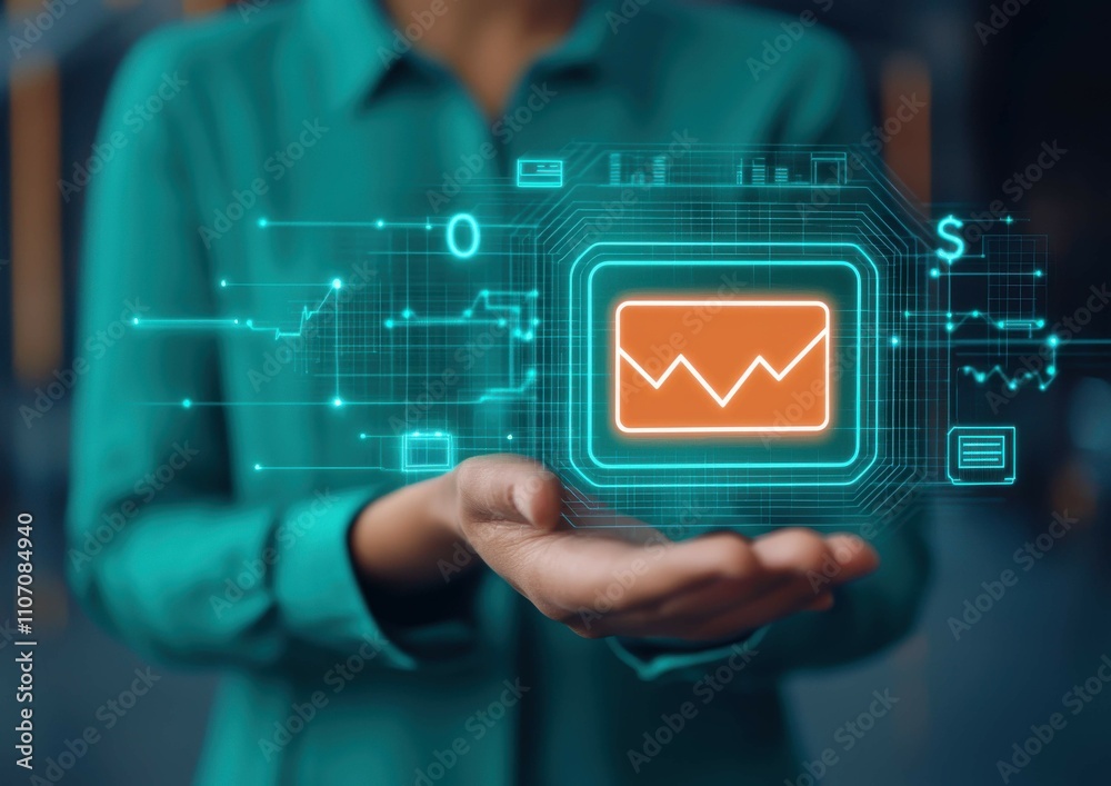 Poster a person holds a digital interface displaying financial graphs and data analytics, emphasizing techn
