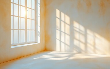 Fototapeta premium Serene sunlit corner in a minimalist room, showcasing a large window casting warm light and shadows on the walls. Ideal for interior design or real estate.