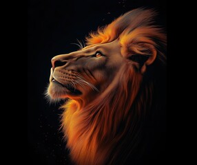 Naklejka premium Side view of a lion with its head raised on a dark background