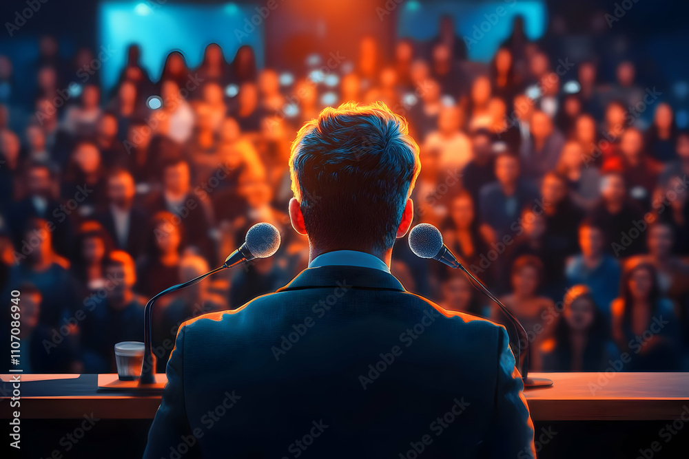 Poster A speaker addresses a large audience, creating an engaging atmosphere.