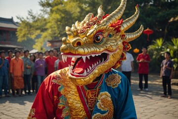 Obraz premium Festive dragon head costume worn by a performer at a cultural celebration with an engaged audience
