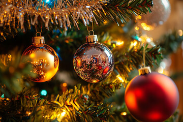 Christmas ornaments shining brightly on a beautifully decorated tree