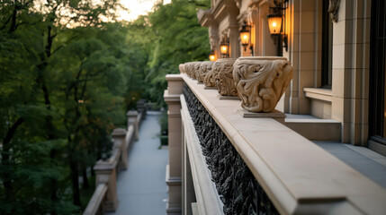 Obraz premium Elegant architectural facade with decorative stone balustrades and warm lighting against a backdrop of lush green trees at dusk.