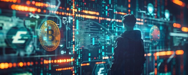 Person Observing Cryptocurrency Data Streams on a Digital Wall