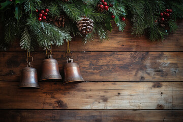 Christmas bells adorned with greenery and berries hanging on wooden wall