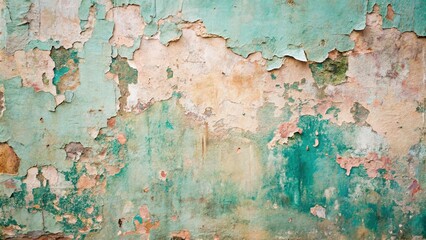 Textured Wall with Peeling Teal and Beige Paint Showing Aged Surface