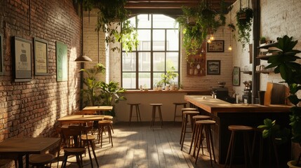 Obraz premium Cozy and Inviting Café Interior with Rustic Brick Walls and Abundant Greenery, Perfect for Relaxation and Social Gatherings in a Sunlit Environment