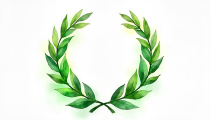 Watercolor laurel wreath illustration in green tones on white background