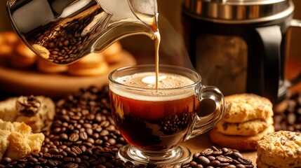 Close Up of Freshly Brewed Coffee with Cookies and Coffee Beans