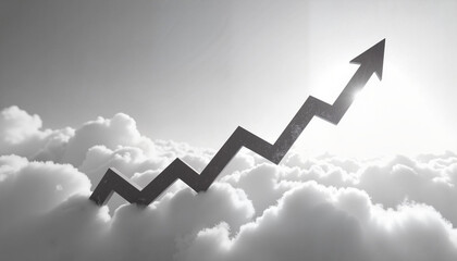 Zigzag upward arrow emerging from clouds representing progress and achievement in black and white