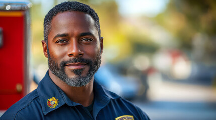 Smiling black male firefighter in uniform outdoors during daytime, concept of heroism