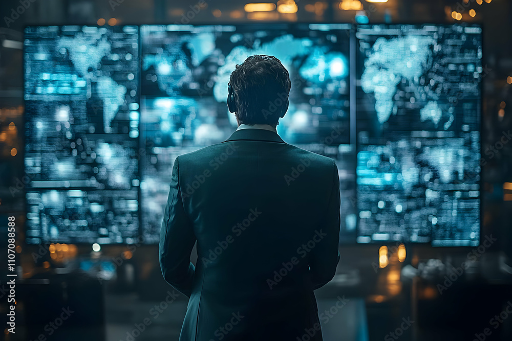 Poster A person in a suit stands before multiple digital screens displaying global data.