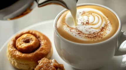 Close-Up of Cappuccino Being Poured with Frothy Milk and Pastry