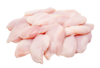 Pile of fresh, raw, uncooked chicken breast fillets, showcasing their pink and tender texture. Isolated on transparent or white background.