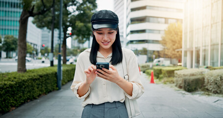 Travel, research and woman with smartphone, city and communication with job opportunity and typing....