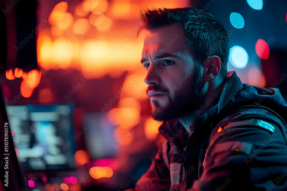 Poster A focused man working on a computer in a vibrant, illuminated environment.