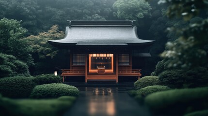 Traditional wooden Japanese shrine surrounded by lush green forest and manicured garden, with a serene and peaceful atmosphere, under soft natural lighting.