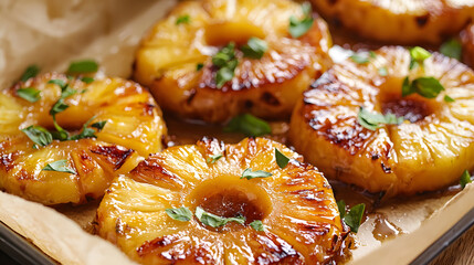 Caramelized pineapple slices with fresh herbs create deliciously sweet and savory dish. Perfect for desserts or as unique side