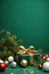 Naklejka premium Christmas greeting vertical card. Green background, wrapped gift box in glossy green, tied with a golden ribbon. Silver, red and gold ornaments & scattered golden star confetti. Space for texts.