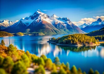 Fototapeta premium Scenic Tilt-Shift Photography of Lago Nahuel Huapi with Snow-Capped Mountains Under Bright Blue Skies Capturing the Beauty of Nature in Patagonia, Argentina