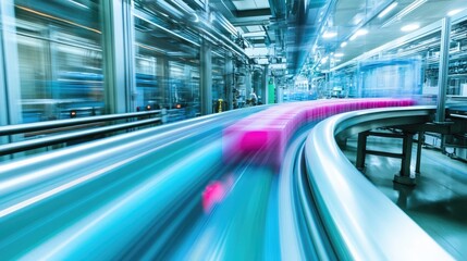 Fototapeta premium Abstract Motion Blur Background of Conveyor Belt in Modern Manufacturing Facility with Colorful Packages in Bright Industrial Space