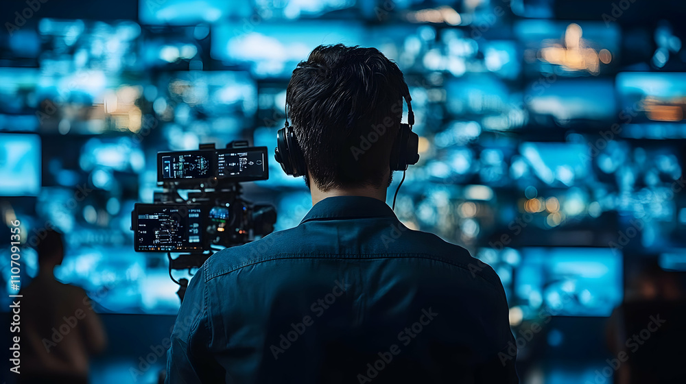 Poster A person monitors multiple screens displaying various images in a control room.