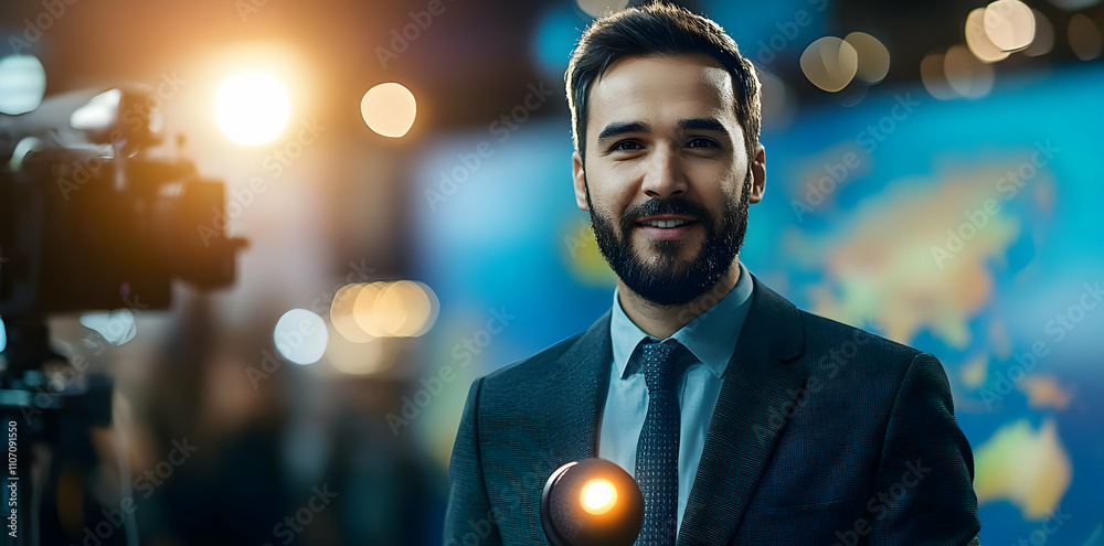 Poster A man in a suit holding a microphone, standing in front of a camera and a world map backdrop.