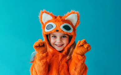Quadrober child in a fox costume against a blue isolated background, studio portrait for a banner and marketing