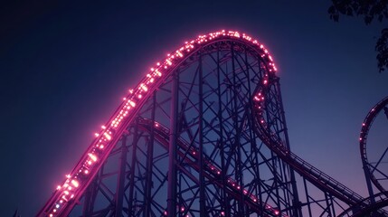 Captivating Roller Coaster at Twilight with Bright Neon Lights Illuminating the Structure, Creating an Exciting Atmosphere in an Amusement Park Setting