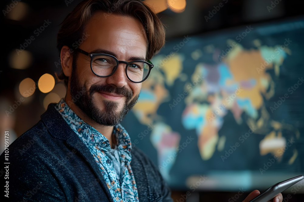 Poster a smiling man in glasses stands in front of a world map, holding a smartphone.