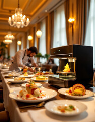 Fototapeta premium Gourmet 3d food printing in luxury restaurant setting for innovative culinary experiences