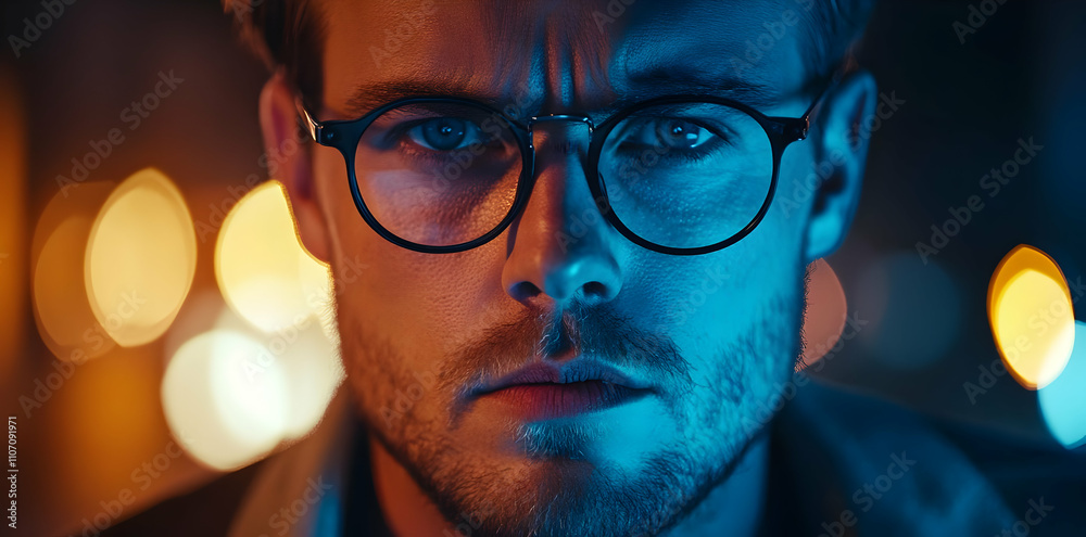 Poster A close-up portrait of a man with glasses, illuminated by colorful lights, conveying intensity.