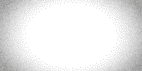 Gradient radial noise frame, grain texture background with dots. Dotwork gradient halftone pattern. Stipple pointillism background. Sand grain, grunge effect. Abstract vector texture, engraved overlay