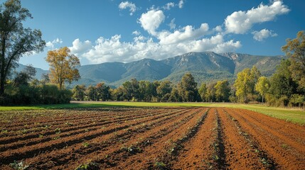 A rural landscape with dirt grass and trees.