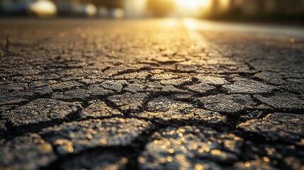 Obraz premium A close-up of rough asphalt shows cracks, pebbles, and faded paint, highlighting urban beauty.