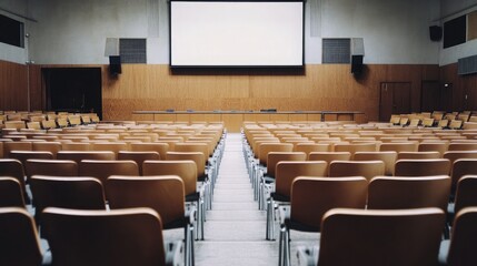 Spacious lecture hall setup with empty rows of wooden chairs facing a large blank screen, designed for presentations and educational events in a modern environment