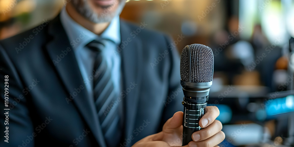 Poster a man in a suit holds a microphone, suggesting a speaking or presentation context.
