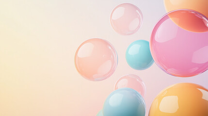 Flying soap bubbles of different pastel colors flying on a light pastel background